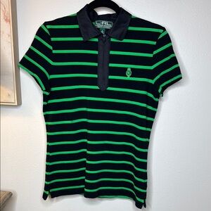 Lauren Ralph Lauren Active Black and Green Striped‎ Short Sleeve Tee - small
